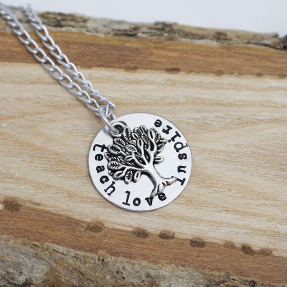Teach Love Inspire - Hand Stamped Pendant Necklace - Handmade & Hypoallergenic - Picture 2 of 5